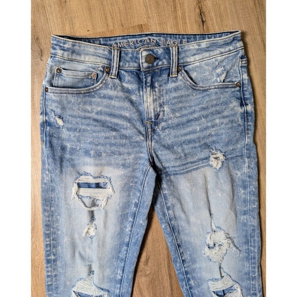 American Eagle SIze 32X31 Distressed Patched Skinny Jeans Acid Wash Stretch - Picture 4 of 10